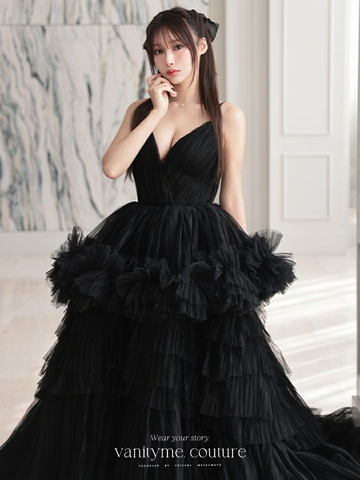 vanityME.couture. バニティミークチュール Vネック ペプラム ボリュームフリル チュール プリンセス 姫 ロングドレス バースデードレス ブラック vctr-t-25010