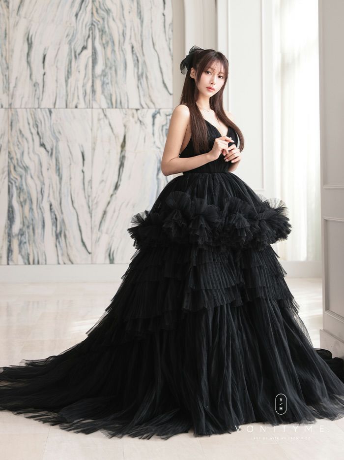 vanityME.couture. バニティミークチュール Vネック ペプラム ボリュームフリル チュール プリンセス 姫 ロングドレス バースデードレス ブラック vctr-t-25010
