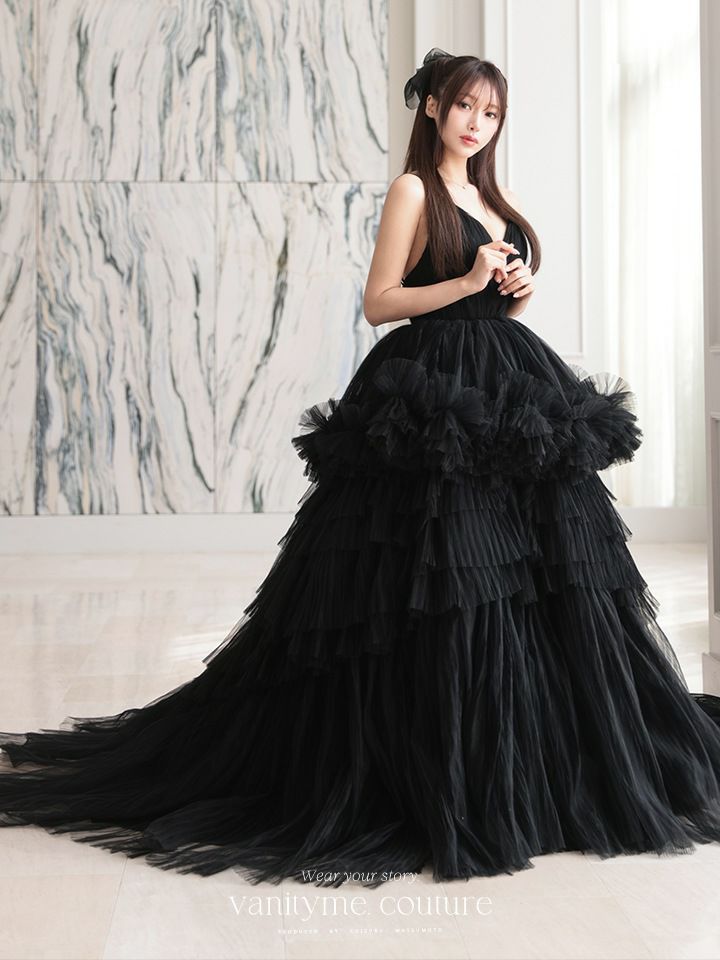 vanityME.couture. バニティミークチュール Vネック ペプラム ボリュームフリル チュール プリンセス 姫 ロングドレス バースデードレス ブラック vctr-t-25010