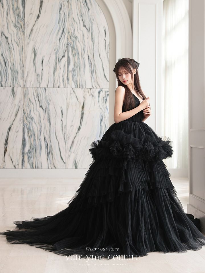 vanityME.couture. バニティミークチュール Vネック ペプラム ボリュームフリル チュール プリンセス 姫 ロングドレス バースデードレス ブラック vctr-t-25010