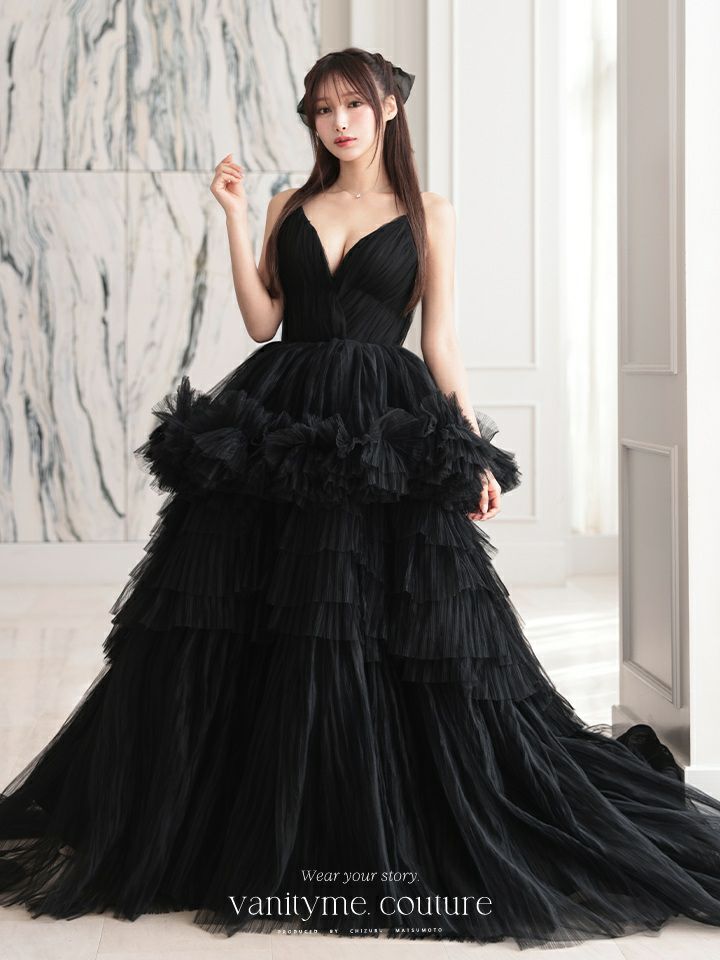 vanityME.couture. バニティミークチュール Vネック ペプラム ボリュームフリル チュール プリンセス 姫 ロングドレス バースデードレス ブラック vctr-t-25010