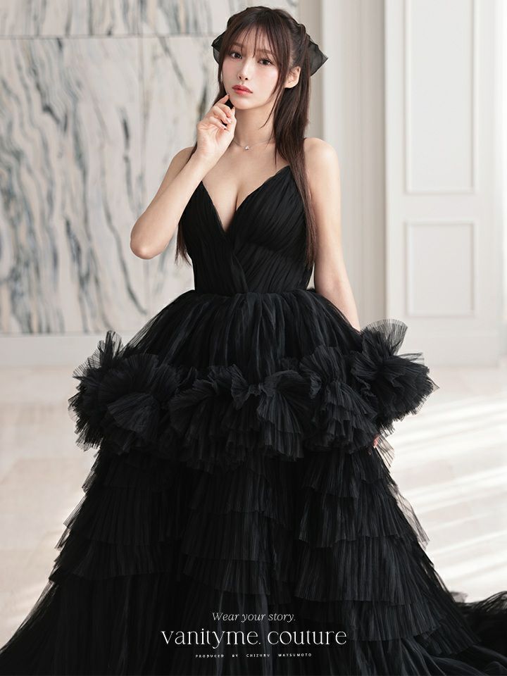 vanityME.couture. バニティミークチュール Vネック ペプラム ボリュームフリル チュール プリンセス 姫 ロングドレス バースデードレス ブラック vctr-t-25010