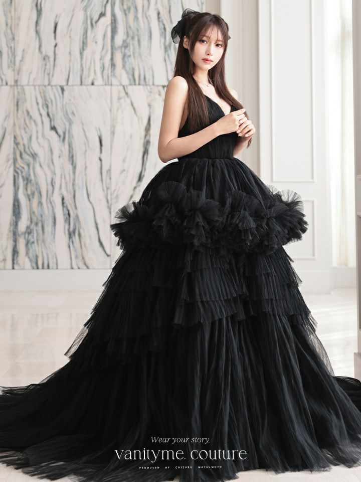 vanityME.couture. バニティミークチュール Vネック ペプラム ボリュームフリル チュール プリンセス 姫 ロングドレス バースデードレス ブラック vctr-t-25010