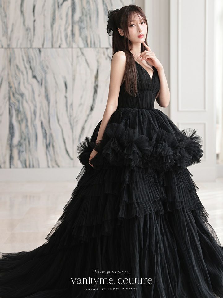 vanityME.couture. バニティミークチュール Vネック ペプラム ボリュームフリル チュール プリンセス 姫 ロングドレス バースデードレス ブラック vctr-t-25010