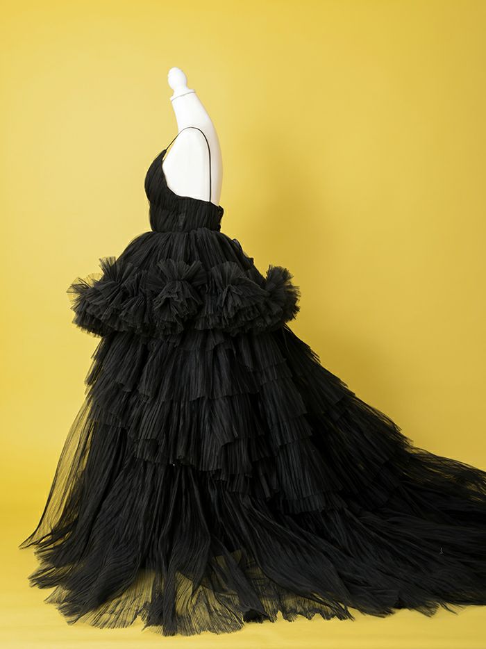 vanityME.couture. バニティミークチュール Vネック ペプラム ボリュームフリル チュール プリンセス 姫 ロングドレス バースデードレス ブラック vctr-t-25010