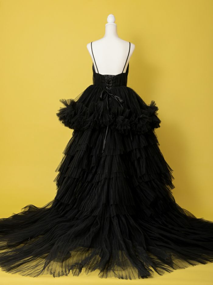 vanityME.couture. バニティミークチュール Vネック ペプラム ボリュームフリル チュール プリンセス 姫 ロングドレス バースデードレス ブラック vctr-t-25010