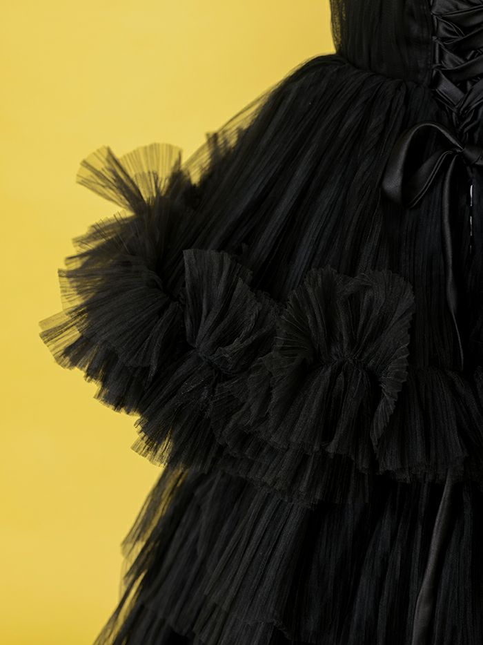 vanityME.couture. バニティミークチュール Vネック ペプラム ボリュームフリル チュール プリンセス 姫 ロングドレス バースデードレス ブラック vctr-t-25010