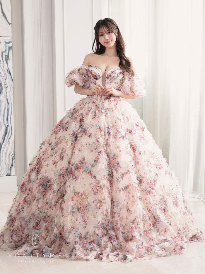 vanityME.couture. バニティミークチュール アンティークフラワー 花柄 パフスリーブ付き バストカットアウト プリンセス 姫 ロングドレス バースデードレス ピンク vctr-l-gl3609