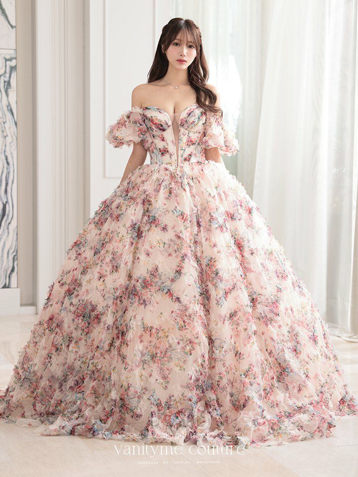 vanityME.couture. バニティミークチュール アンティークフラワー 花柄 パフスリーブ付き バストカットアウト プリンセス 姫 ロングドレス バースデードレス ピンク vctr-l-gl3609
