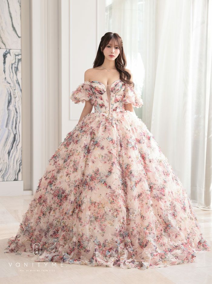 vanityME.couture. バニティミークチュール アンティークフラワー 花柄 パフスリーブ付き バストカットアウト プリンセス 姫 ロングドレス バースデードレス ピンク vctr-l-gl3609