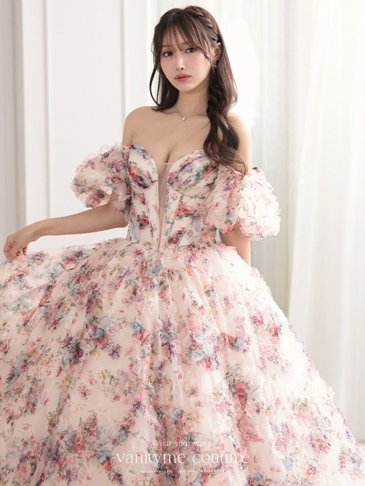 vanityME.couture. バニティミークチュール アンティークフラワー 花柄 パフスリーブ付き バストカットアウト プリンセス 姫 ロングドレス バースデードレス ピンク vctr-l-gl3609