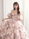 vanityME.couture. バニティミークチュール アンティークフラワー 花柄 パフスリーブ付き バストカットアウト プリンセス 姫 ロングドレス バースデードレス ピンク vctr-l-gl3609