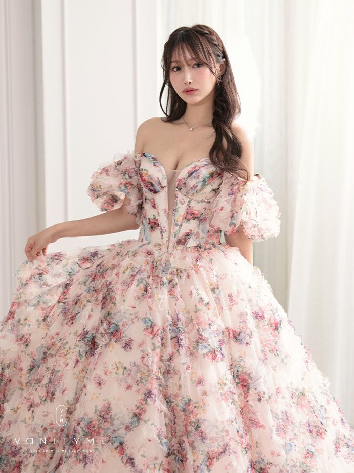 vanityME.couture. バニティミークチュール アンティークフラワー 花柄 パフスリーブ付き バストカットアウト プリンセス 姫 ロングドレス バースデードレス ピンク vctr-l-gl3609