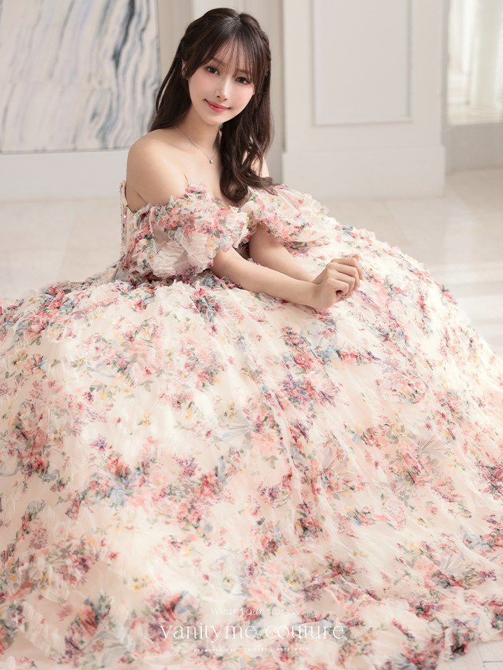 vanityME.couture. バニティミークチュール アンティークフラワー 花柄 パフスリーブ付き バストカットアウト プリンセス 姫 ロングドレス バースデードレス ピンク vctr-l-gl3609
