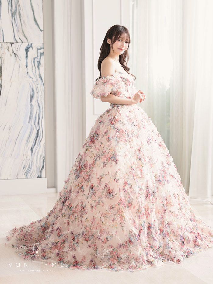vanityME.couture. バニティミークチュール アンティークフラワー 花柄 パフスリーブ付き バストカットアウト プリンセス 姫 ロングドレス バースデードレス ピンク vctr-l-gl3609