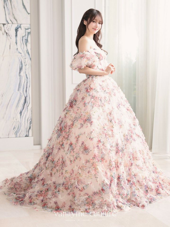 vanityME.couture. バニティミークチュール アンティークフラワー 花柄 パフスリーブ付き バストカットアウト プリンセス 姫 ロングドレス バースデードレス ピンク vctr-l-gl3609