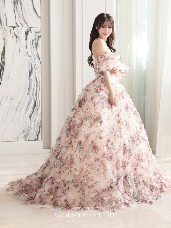 vanityME.couture. バニティミークチュール アンティークフラワー 花柄 パフスリーブ付き バストカットアウト プリンセス 姫 ロングドレス バースデードレス ピンク vctr-l-gl3609