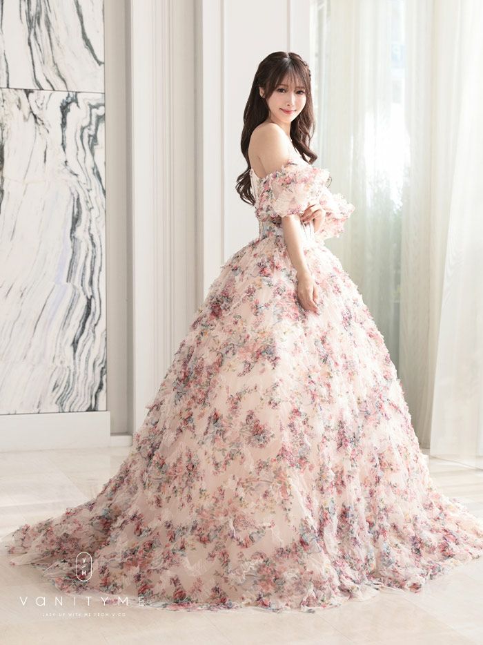 vanityME.couture. バニティミークチュール アンティークフラワー 花柄 パフスリーブ付き バストカットアウト プリンセス 姫 ロングドレス バースデードレス ピンク vctr-l-gl3609
