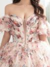 vanityME.couture. バニティミークチュール アンティークフラワー 花柄 パフスリーブ付き バストカットアウト プリンセス 姫 ロングドレス バースデードレス ピンク vctr-l-gl3609