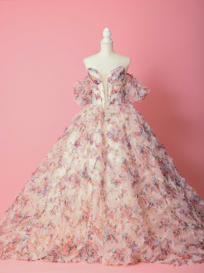 vanityME.couture. バニティミークチュール アンティークフラワー 花柄 パフスリーブ付き バストカットアウト プリンセス 姫 ロングドレス バースデードレス ピンク vctr-l-gl3609