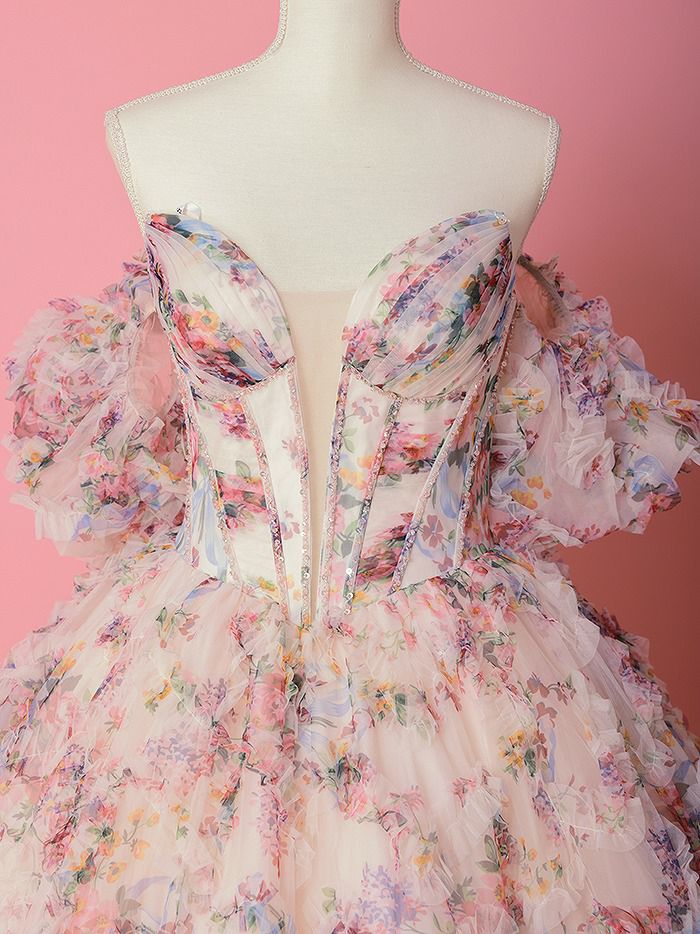 vanityME.couture. バニティミークチュール アンティークフラワー 花柄 パフスリーブ付き バストカットアウト プリンセス 姫 ロングドレス バースデードレス ピンク vctr-l-gl3609