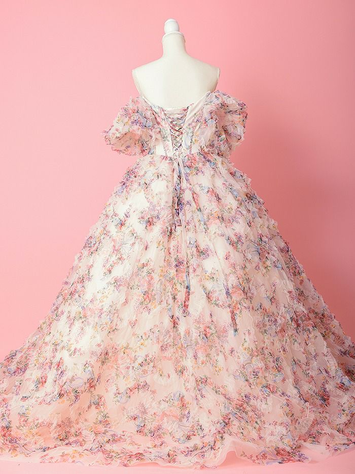 vanityME.couture. バニティミークチュール アンティークフラワー 花柄 パフスリーブ付き バストカットアウト プリンセス 姫 ロングドレス バースデードレス ピンク vctr-l-gl3609