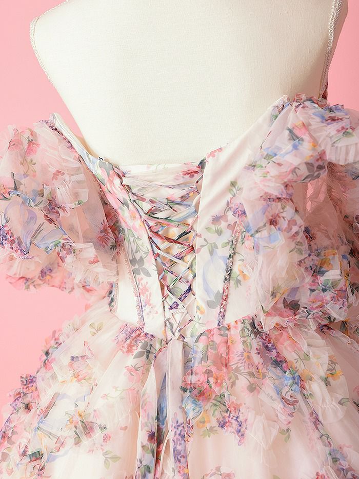 vanityME.couture. バニティミークチュール アンティークフラワー 花柄 パフスリーブ付き バストカットアウト プリンセス 姫 ロングドレス バースデードレス ピンク vctr-l-gl3609