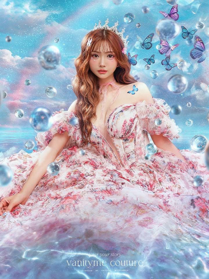 vanityME.couture. バニティミークチュール アンティークフラワー 花柄 パフスリーブ付き バストカットアウト プリンセス 姫 ロングドレス バースデードレス ピンク vctr-l-gl3609