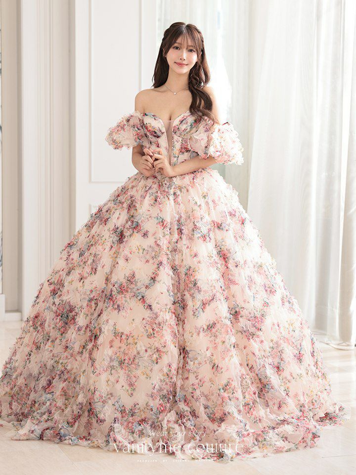 vanityME.couture. バニティミークチュール アンティークフラワー 花柄 パフスリーブ付き バストカットアウト プリンセス 姫 ロングドレス バースデードレス ピンク vctr-l-gl3609