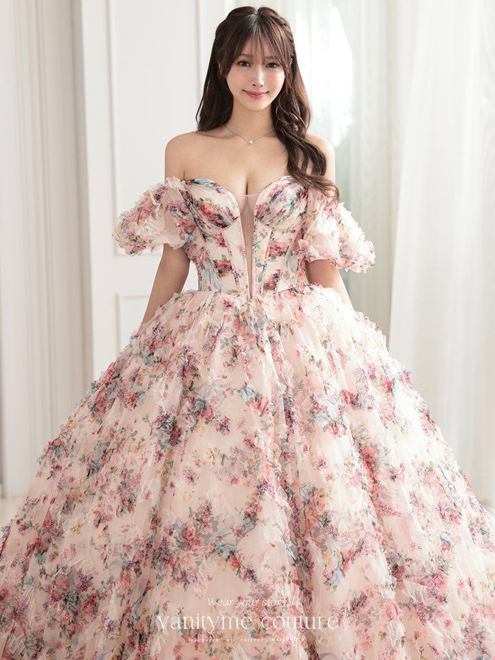 vanityME.couture. バニティミークチュール アンティークフラワー 花柄 パフスリーブ付き バストカットアウト プリンセス 姫 ロングドレス バースデードレス ピンク vctr-l-gl3609