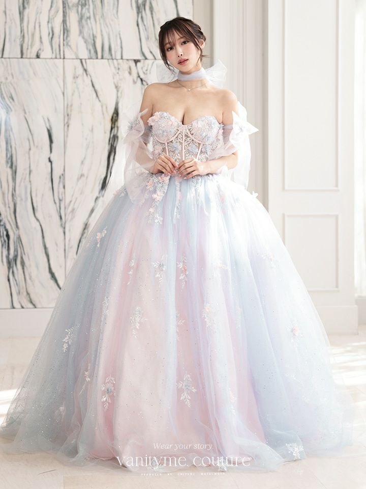 【3点セット】vanityME.couture. バニティミークチュール オーロラグラデーション フラワーモチーフ リボン ショール・スリーブ付き プリンセス 姫 ロングドレス バースデードレス ブルーピンク vctr-l-gl3570