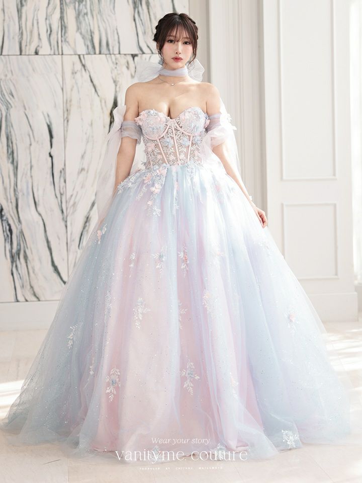 【3点セット】vanityME.couture. バニティミークチュール オーロラグラデーション フラワーモチーフ リボン ショール・スリーブ付き プリンセス 姫 ロングドレス バースデードレス ブルーピンク vctr-l-gl3570