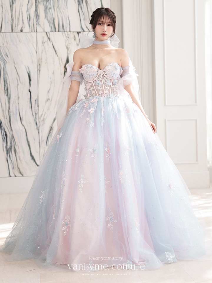 【3点セット】vanityME.couture. バニティミークチュール オーロラグラデーション フラワーモチーフ リボン ショール・スリーブ付き プリンセス 姫 ロングドレス バースデードレス ブルーピンク vctr-l-gl3570