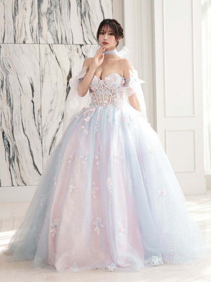 【3点セット】vanityME.couture. バニティミークチュール オーロラグラデーション フラワーモチーフ リボン ショール・スリーブ付き プリンセス 姫 ロングドレス バースデードレス ブルーピンク vctr-l-gl3570