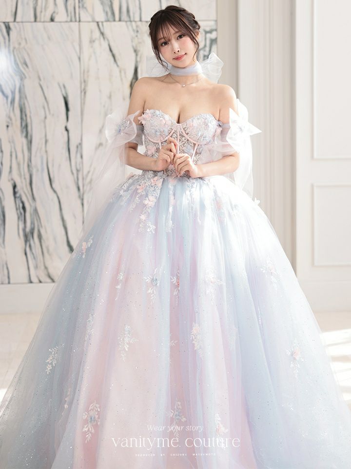 【3点セット】vanityME.couture. バニティミークチュール オーロラグラデーション フラワーモチーフ リボン ショール・スリーブ付き プリンセス 姫 ロングドレス バースデードレス ブルーピンク vctr-l-gl3570