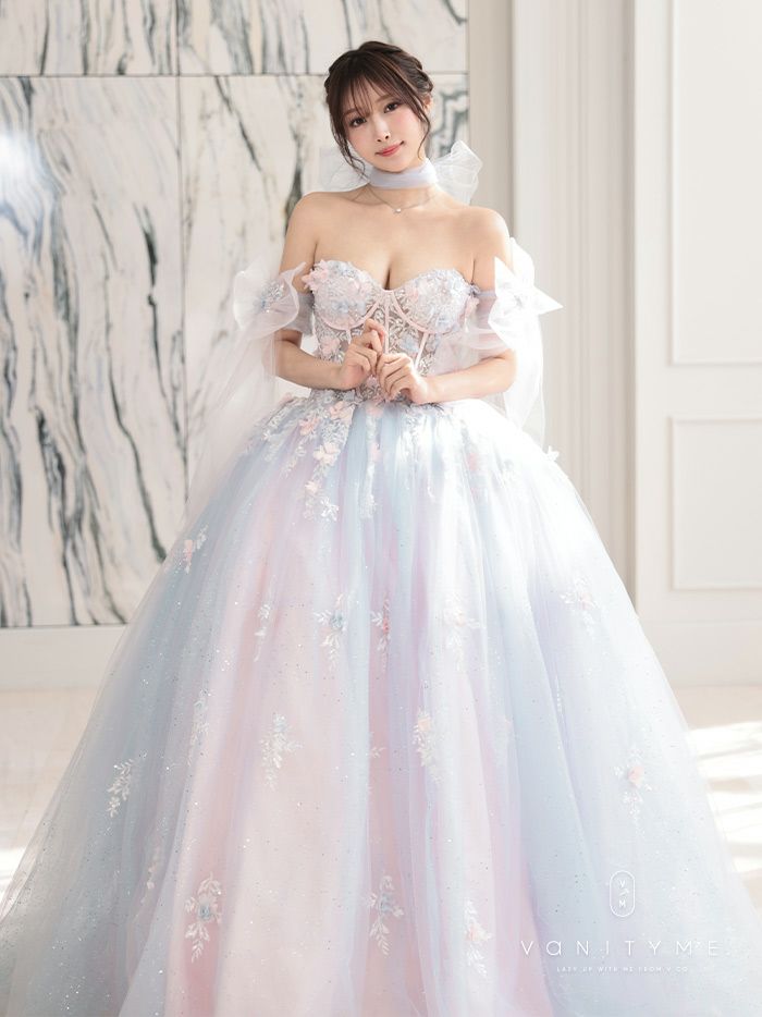 【3点セット】vanityME.couture. バニティミークチュール オーロラグラデーション フラワーモチーフ リボン ショール・スリーブ付き プリンセス 姫 ロングドレス バースデードレス ブルーピンク vctr-l-gl3570