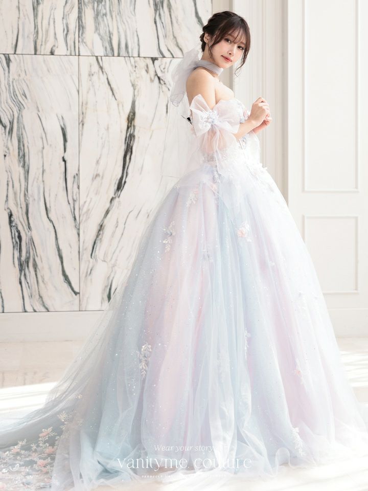 【3点セット】vanityME.couture. バニティミークチュール オーロラグラデーション フラワーモチーフ リボン ショール・スリーブ付き プリンセス 姫 ロングドレス バースデードレス ブルーピンク vctr-l-gl3570