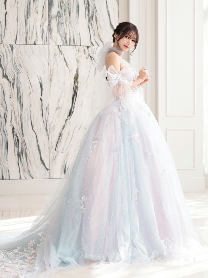 【3点セット】vanityME.couture. バニティミークチュール オーロラグラデーション フラワーモチーフ リボン ショール・スリーブ付き プリンセス 姫 ロングドレス バースデードレス ブルーピンク vctr-l-gl3570