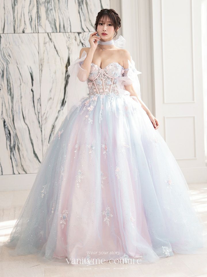 【3点セット】vanityME.couture. バニティミークチュール オーロラグラデーション フラワーモチーフ リボン ショール・スリーブ付き プリンセス 姫 ロングドレス バースデードレス ブルーピンク vctr-l-gl3570