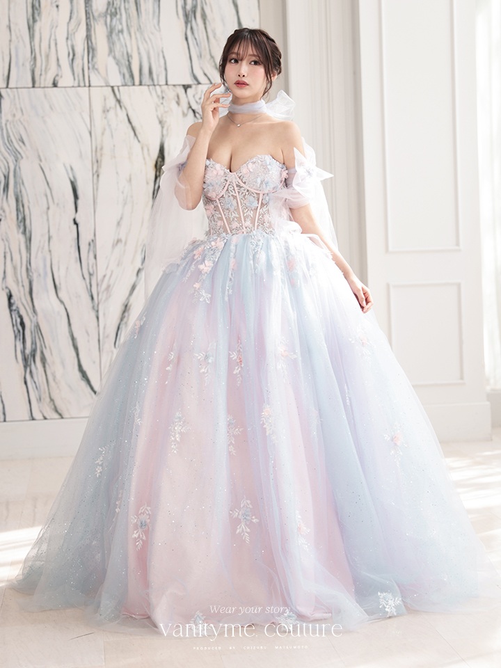 【3点セット】vanityME.couture. バニティミークチュール オーロラグラデーション フラワーモチーフ リボン ショール・スリーブ付き プリンセス 姫 ロングドレス バースデードレス ブルーピンク vctr-l-gl3570