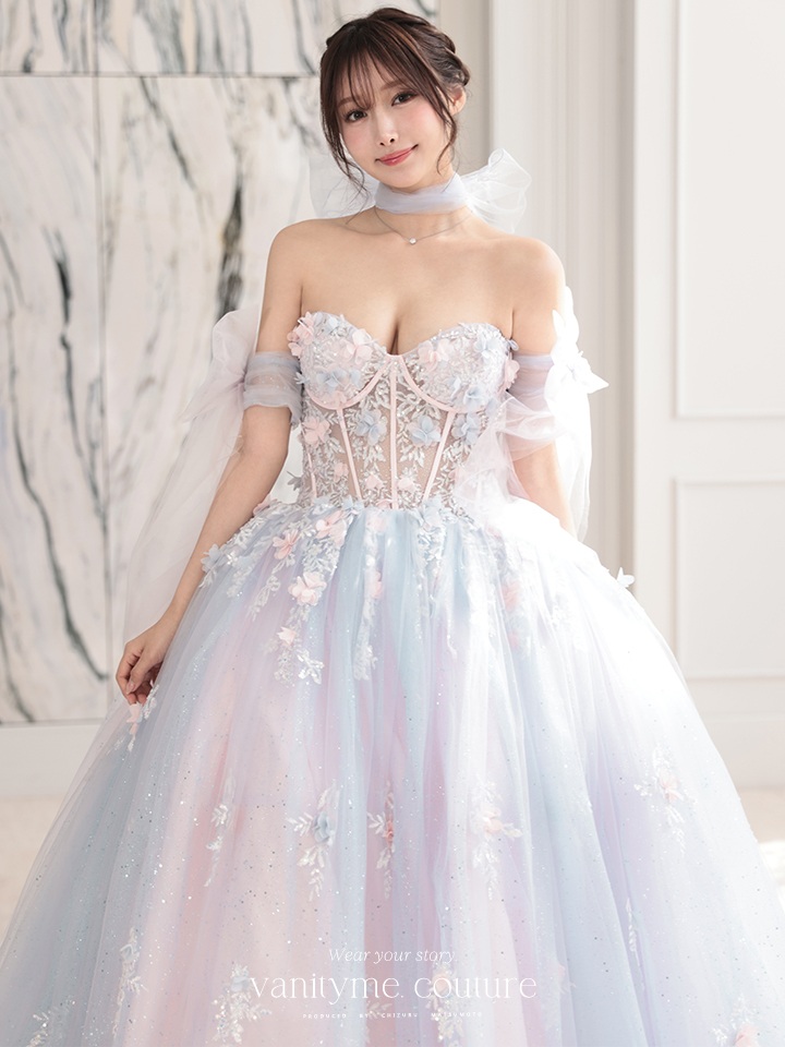 【3点セット】vanityME.couture. バニティミークチュール オーロラグラデーション フラワーモチーフ リボン ショール・スリーブ付き プリンセス 姫 ロングドレス バースデードレス ブルーピンク vctr-l-gl3570