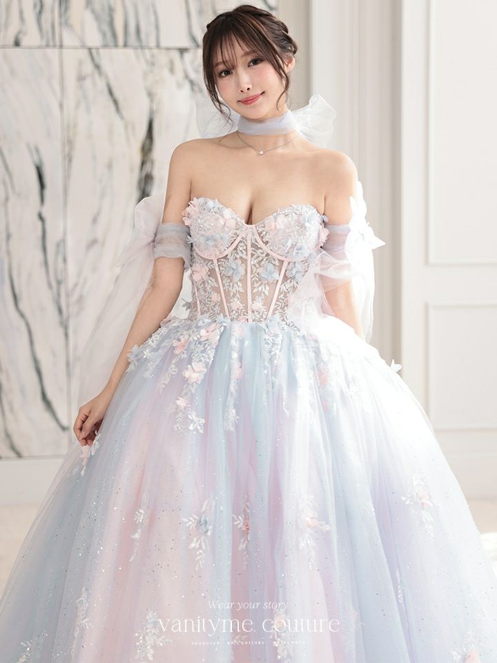 【3点セット】vanityME.couture. バニティミークチュール オーロラグラデーション フラワーモチーフ リボン ショール・スリーブ付き プリンセス 姫 ロングドレス バースデードレス ブルーピンク vctr-l-gl3570