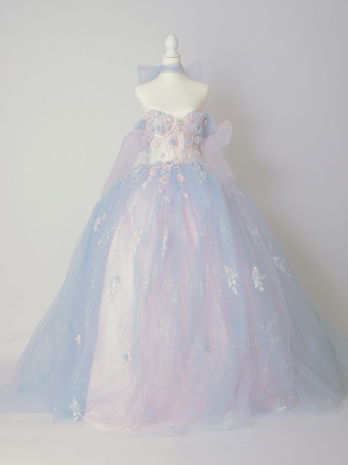 【3点セット】vanityME.couture. バニティミークチュール オーロラグラデーション フラワーモチーフ リボン ショール・スリーブ付き プリンセス 姫 ロングドレス バースデードレス ブルーピンク vctr-l-gl3570