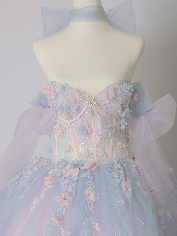 【3点セット】vanityME.couture. バニティミークチュール オーロラグラデーション フラワーモチーフ リボン ショール・スリーブ付き プリンセス 姫 ロングドレス バースデードレス ブルーピンク vctr-l-gl3570