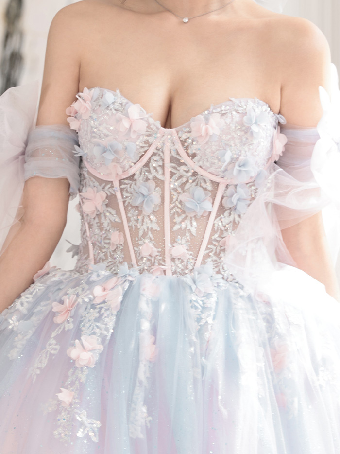 【3点セット】vanityME.couture. バニティミークチュール オーロラグラデーション フラワーモチーフ リボン ショール・スリーブ付き プリンセス 姫 ロングドレス バースデードレス ブルーピンク vctr-l-gl3570