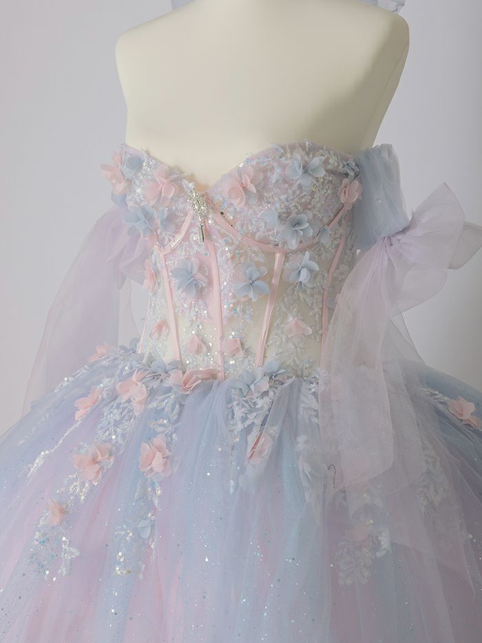 【3点セット】vanityME.couture. バニティミークチュール オーロラグラデーション フラワーモチーフ リボン ショール・スリーブ付き プリンセス 姫 ロングドレス バースデードレス ブルーピンク vctr-l-gl3570