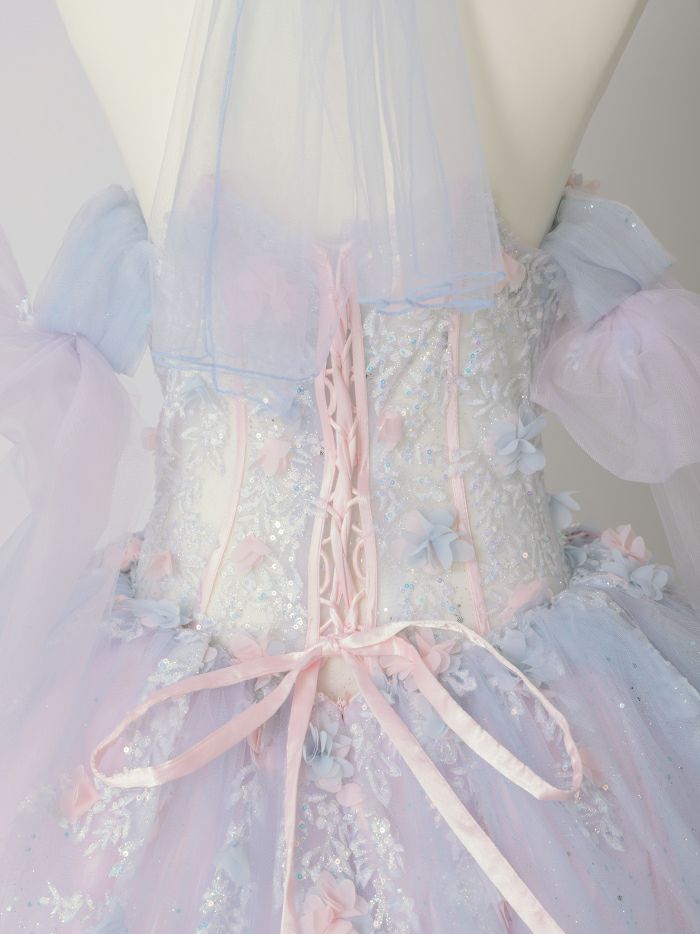 【3点セット】vanityME.couture. バニティミークチュール オーロラグラデーション フラワーモチーフ リボン ショール・スリーブ付き プリンセス 姫 ロングドレス バースデードレス ブルーピンク vctr-l-gl3570