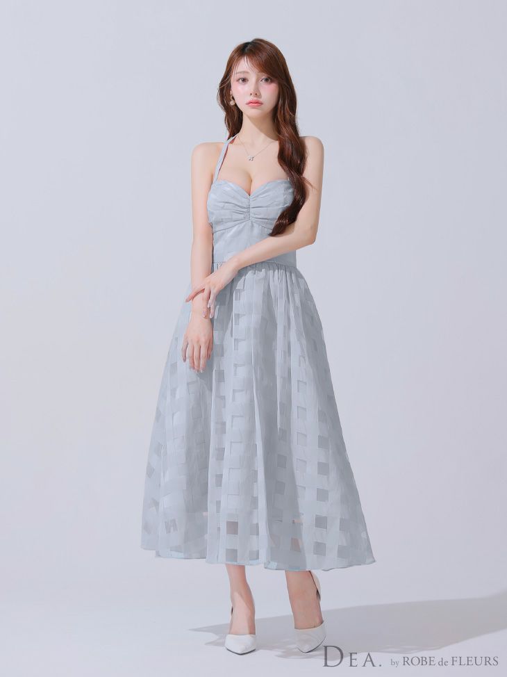 DEA. ディア バイ ローブドフルール ギンガムチェックオーガンジーフレアロングキャバドレス de3784