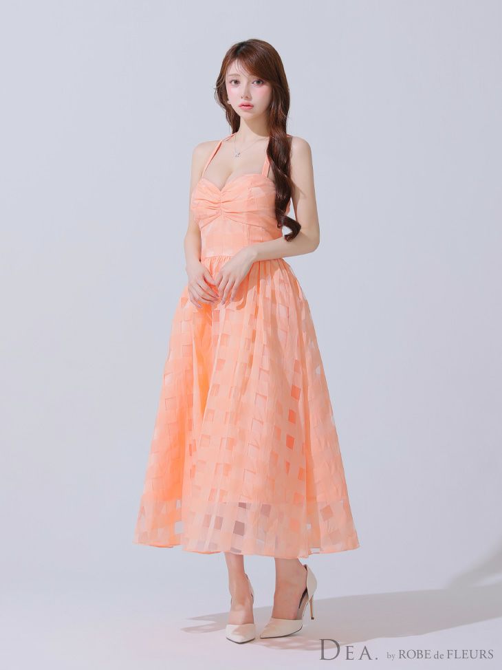 DEA. ディア バイ ローブドフルール ギンガムチェックオーガンジーフレアロングキャバドレス de3784