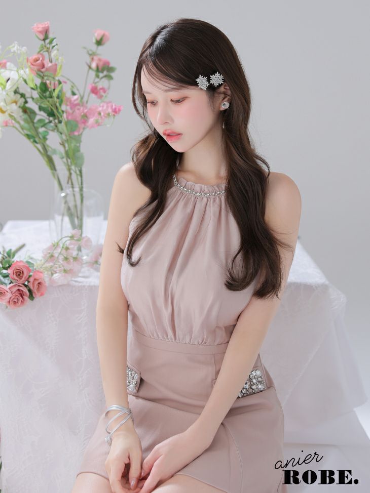 ROBE de FLEURS anier.ROBE ローブドフルール アニエルローブ Satin Bijou back open halter mini dress サテンビジューバックオープンホルターミニドレス fm-anier4051